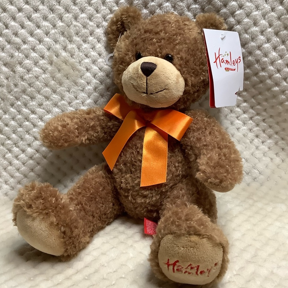 Hamleys Brown Plush Bear Orange bow Stuffed Animal Toy with Tags